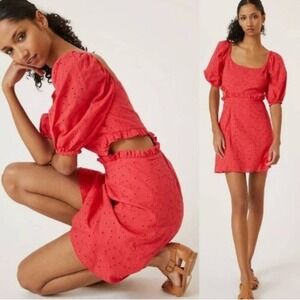 Hutch Coral Red Eyelet Cutout Dress Short Puff Sleeve Size 10